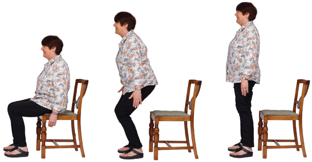 Sit to stand exercise for the elderly.