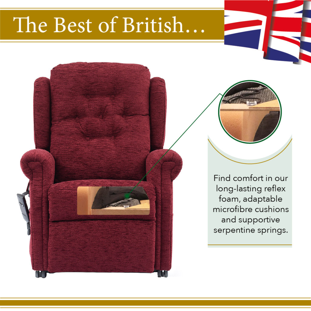 Only the best reflex foam, memory foam, microfibre cushions and Serpentine springs used in Oak tree rise and recline chairs.