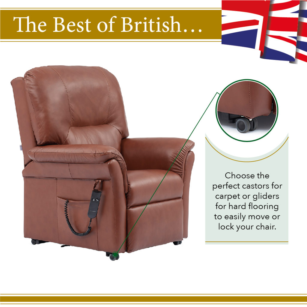 Choose castors or gliders for your oak tree rise and recline chair